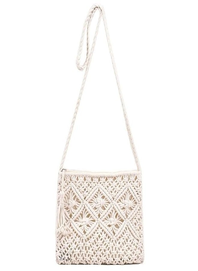 Urooz Crochet Lace Shoulder Bag with Braided Strap, Off-White, 25 x 18 cm - Image 1